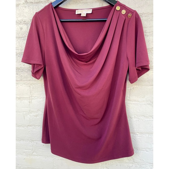 Michael Kors Womens Top drape Neck Short Sleeve Gold Button Detail Maroon Sz. M - Picture 1 of 9